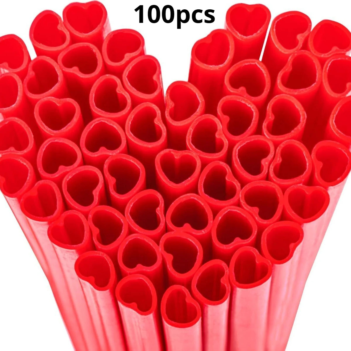 A close-up view of 100 heart-shaped red plastic straws arranged in a bundle.