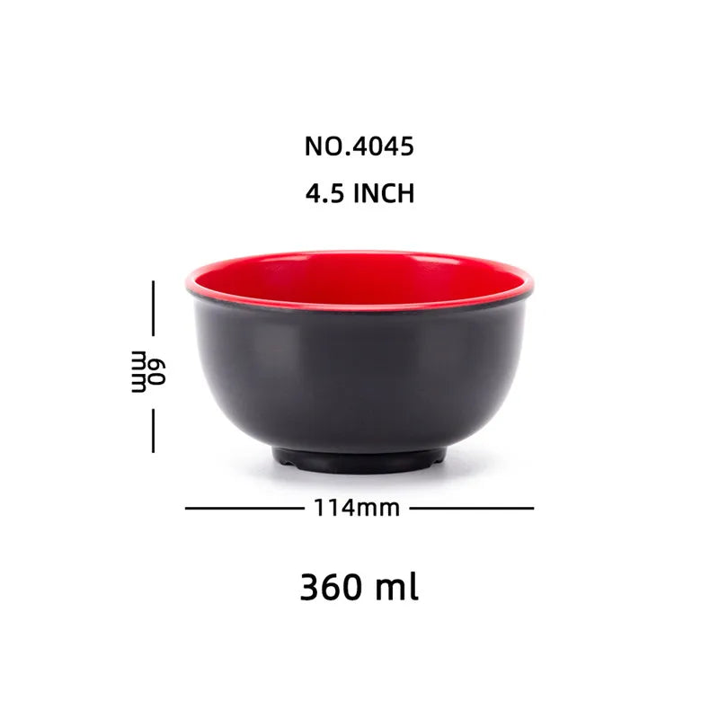 A black melamine soup bowl with a red rim, measuring 4.5 inches and 360 ml.