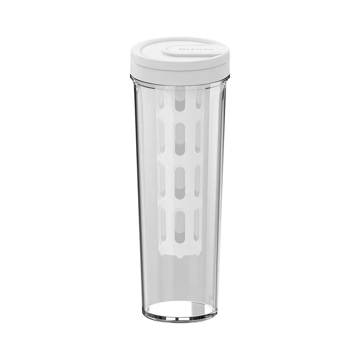 A clear plastic manual cold brew coffee maker with a white lid.