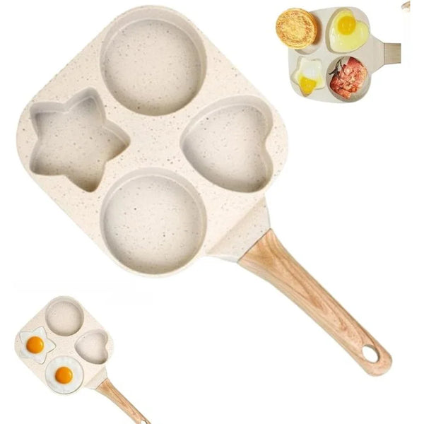 Helle beige antihaft-Eierpfanne mit vier Vertiefungen und Holzgriff, zeigt verschiedene Lebensmittel.