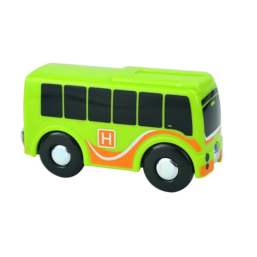 A lime green wooden magnetic train car set with black windows and orange accents.