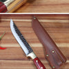 A stainless steel forging knife set featuring a blade and a leather sheath with a wooden handle.