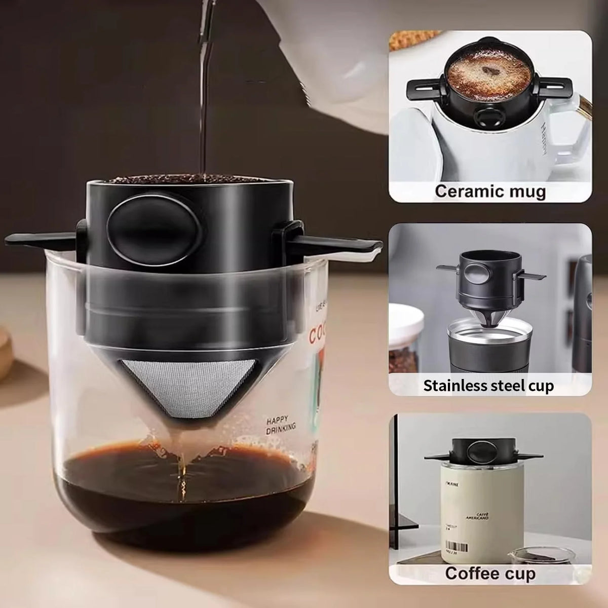 Una cafetera pour over negra vertiendo café en una taza de vidrio, con accesorios relacionados exhibidos.