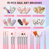 A collection of 15 nail art brushes including liner, oblique head, flat head, drawing, fan-shaped, and dotting pens.