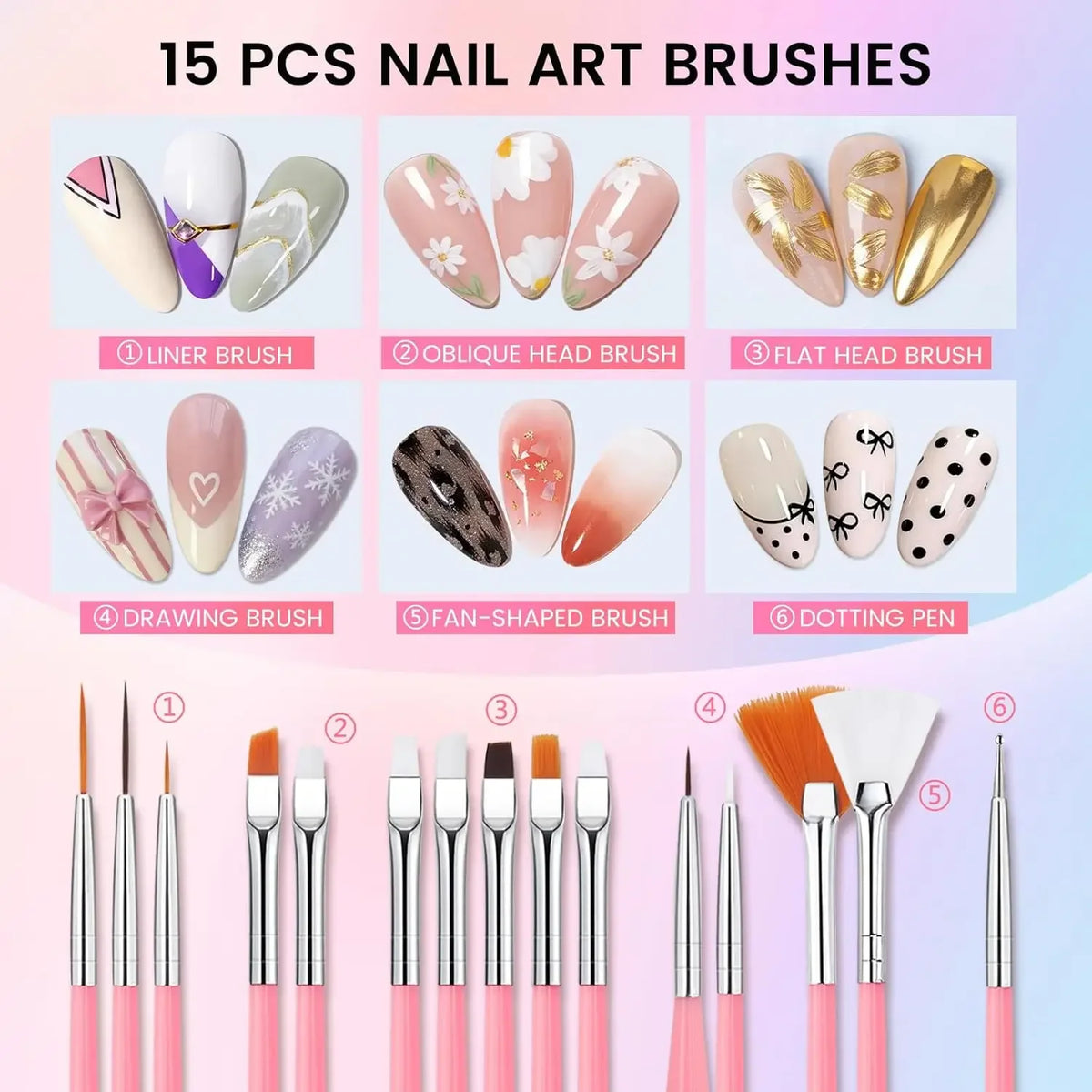 A collection of 15 nail art brushes including liner, oblique head, flat head, drawing, fan-shaped, and dotting pens.