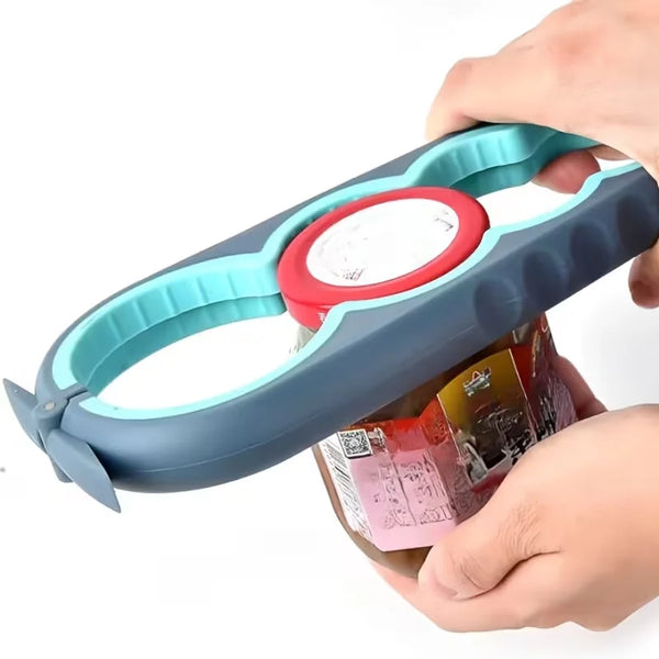 A hand is holding a blue and red ergonomic jar and bottle opener, designed for easy grip.