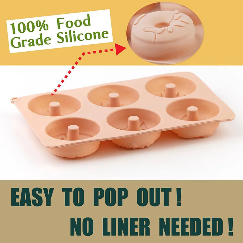 A set of 6 silicone mini donut cake pans in a light peach color, demonstrating easy pop-out functionality.