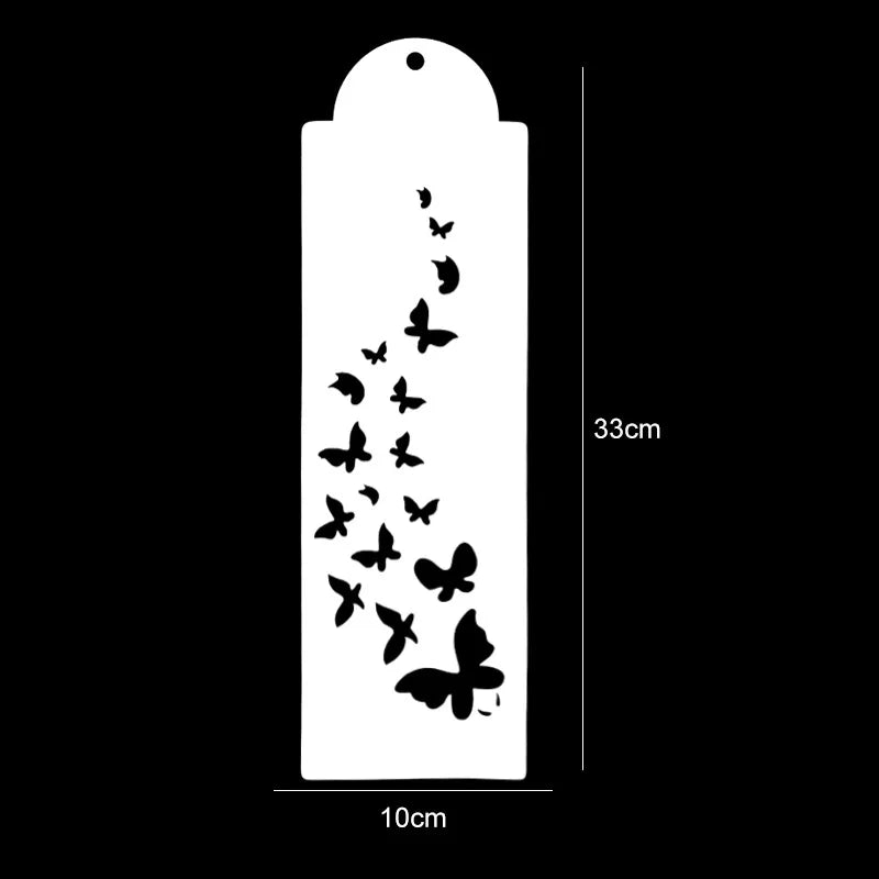 White plastic cake stencil set featuring a silhouette of flying butterflies on a black background.