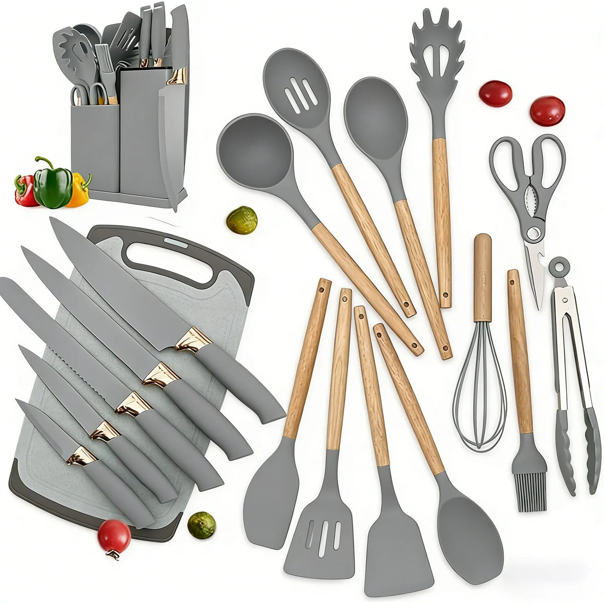 A collection of 19 kitchen tools including knives, spatulas, and silicone utensils in gray and wood tones.