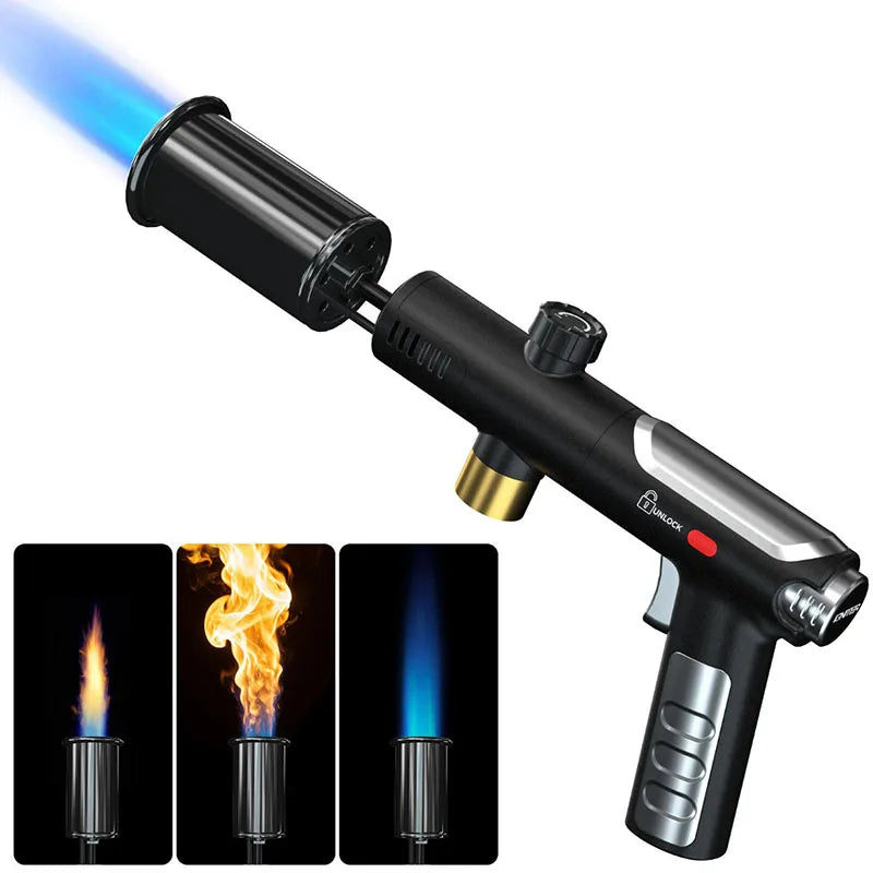 A black adjustable propane torch with a blue flame, shown in multiple views.