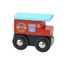 A wooden magnetic train car set with a blue roof and red body, featuring a window and wheels.