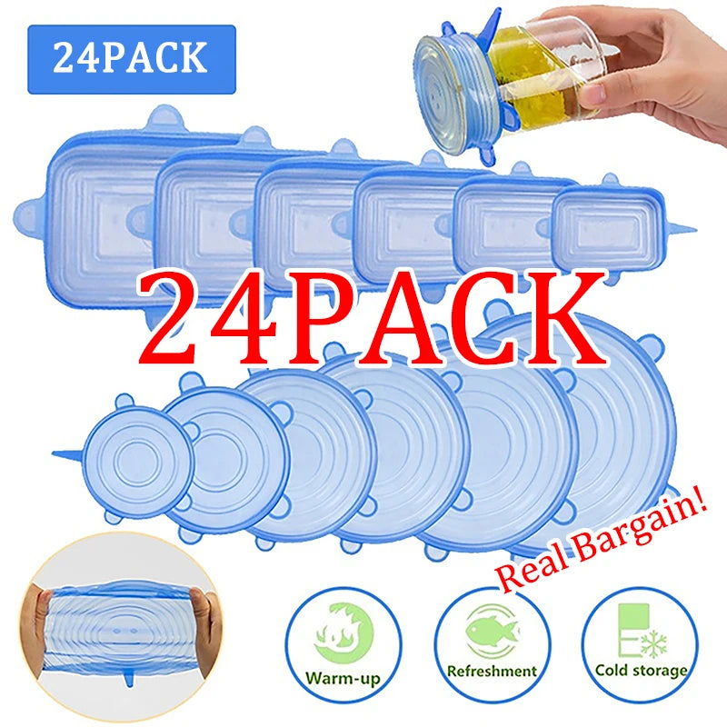 A set of 24 reusable silicone food storage lids and a hand holding a jar, demonstrating airtight freshness for food storage.