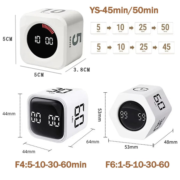 Temporizador cubo blanco de productividad mostrando varias configuraciones y funciones de tiempo.