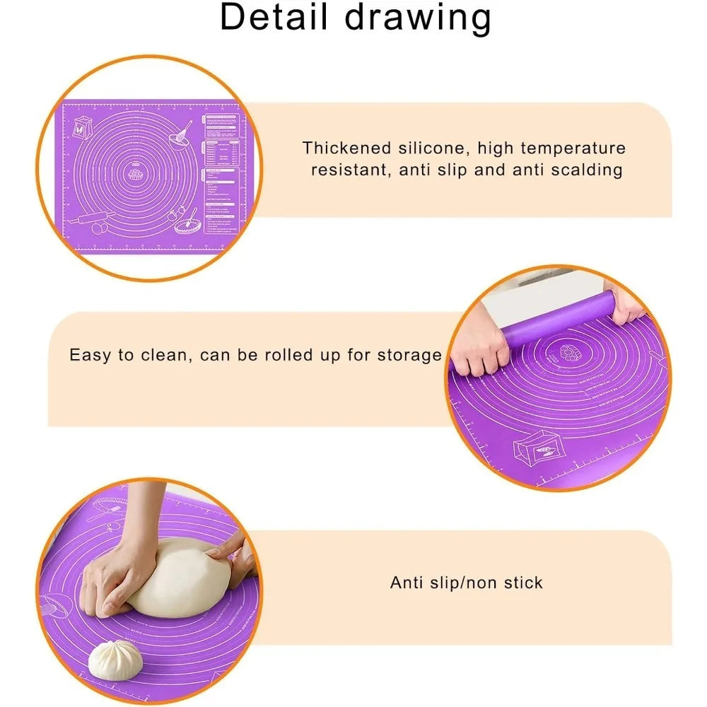 Detail drawing of a purple silicone rolling mat showing features like high temperature resistance and anti slip surface.