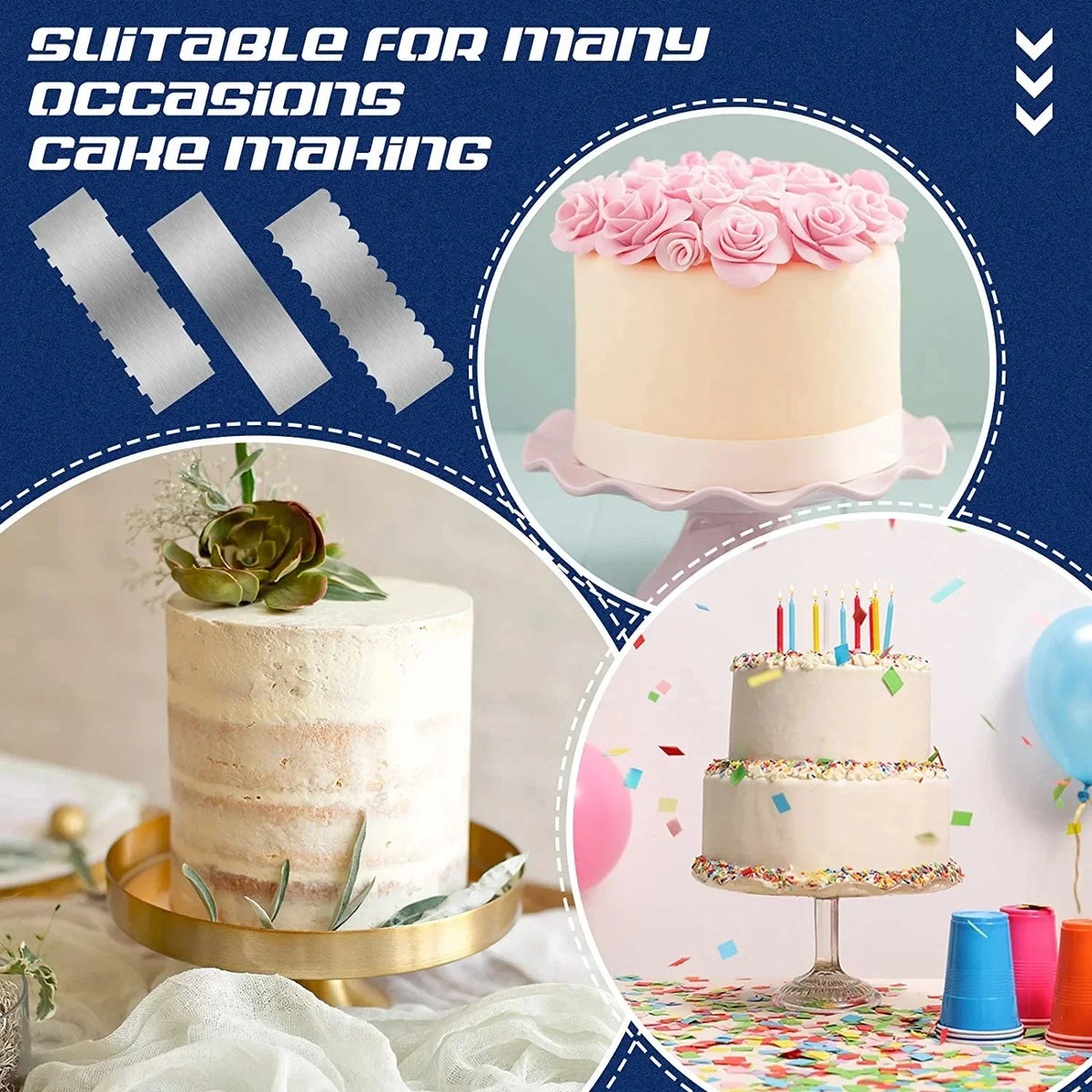 Stainless steel cake decorating scraper set shown with pink roses and colorful sprinkles on a tiered cake.