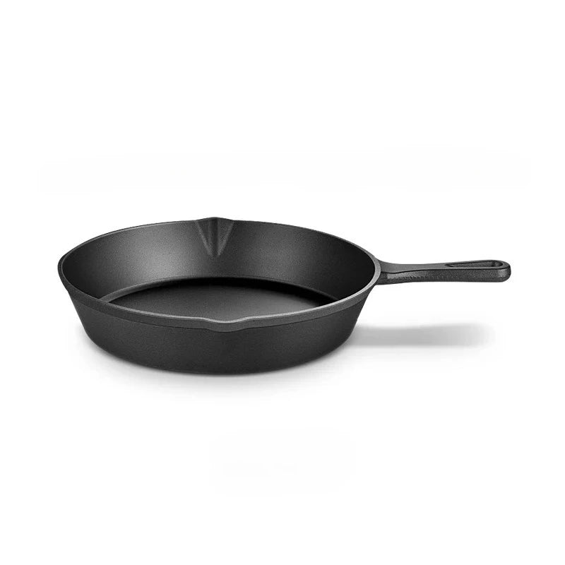 A black cast iron frying pan with a handle, shown against a white background.
