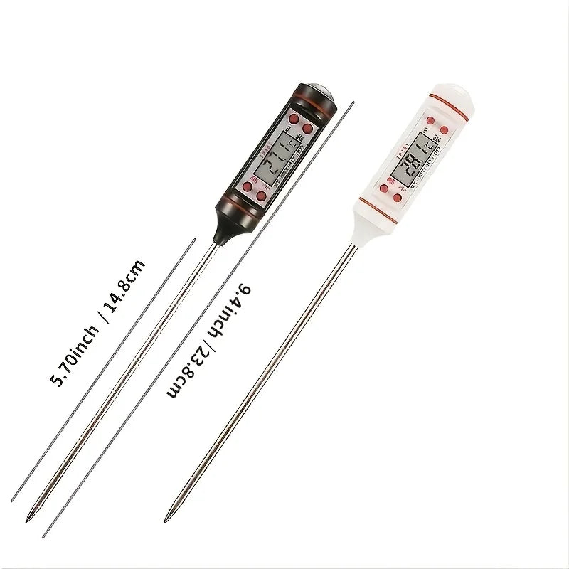 A digital meat thermometer with a long probe and display is shown against a white background.