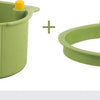A green hanging sink draining basket with a detachable cover and a separate ring for hanging.
