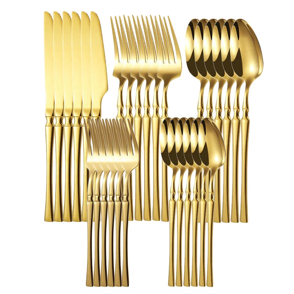 Set aus goldfarbenem hochwertigem Edelstahlbesteck, einschließlich Messer, Gabeln und Löffel.