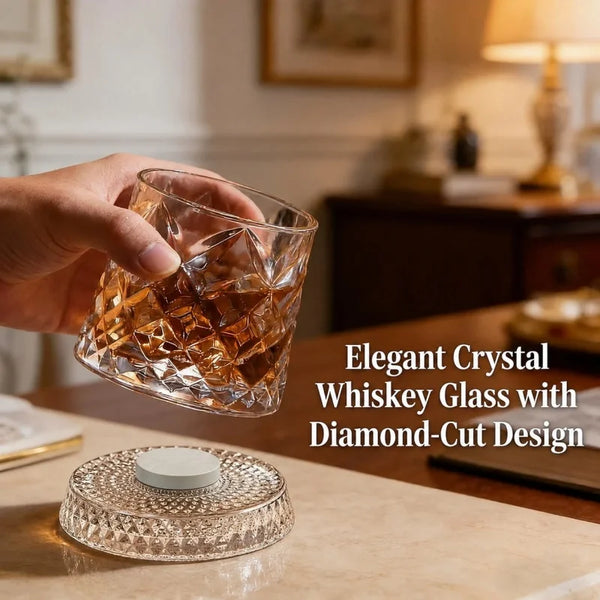 A hand holds an elegant crystal whiskey glass with a diamond-cut design on a marble surface.