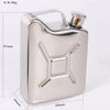 A small, silver metal hip flask with a screw cap is shown against a white background.