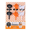 A set of Halloween-themed fruit and dessert picks featuring pumpkin, ghost, and cat shapes.