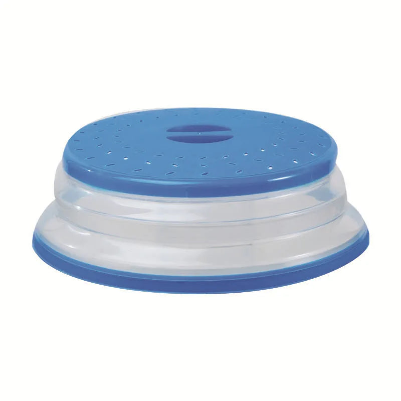 Blue collapsible microwave plate cover with a clear plastic base and handle
