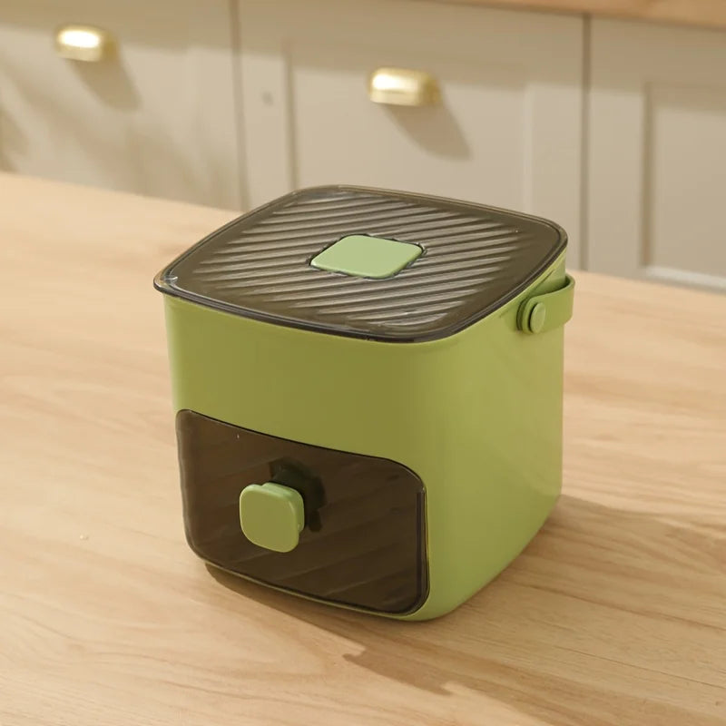 A lime green and brown double-layered ice cube maker sits on a wooden surface.