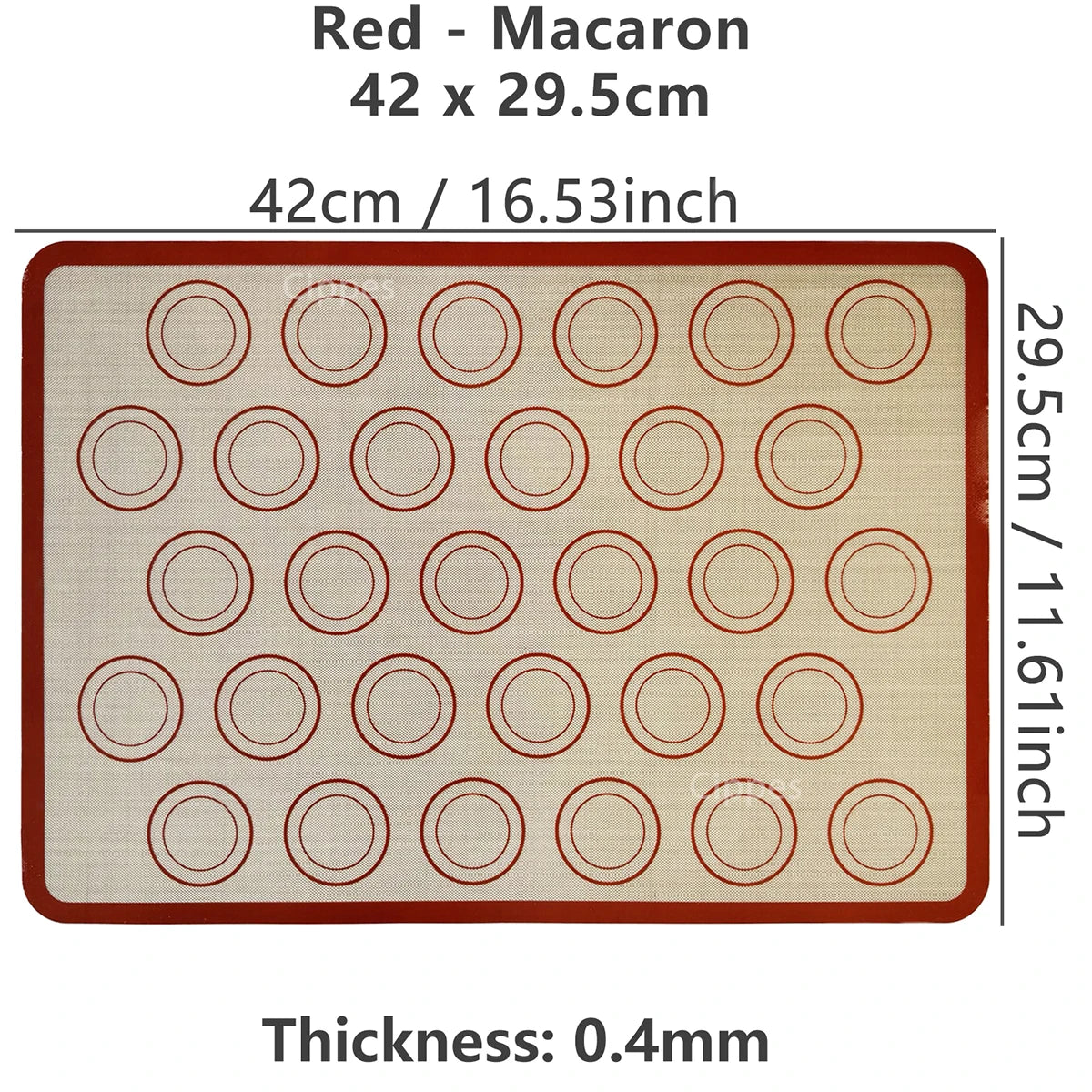 Red macaron baking mat measuring 42 x 29.5 cm with a 0.4mm thickness.