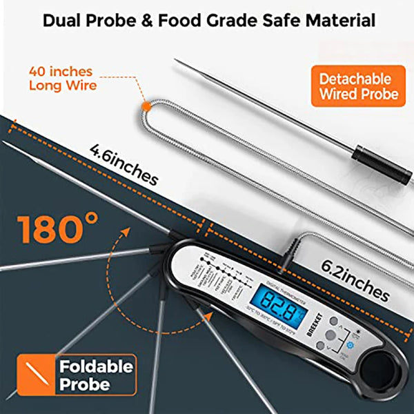 A digital meat thermometer with a foldable probe and a detachable wired probe shown measuring temperature.