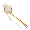 A golden stainless steel colander with a round, reflective surface and a long handle.