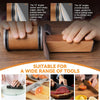 A double-sided diamond knife sharpening roller is shown with various angles and tools for sharpening knives.