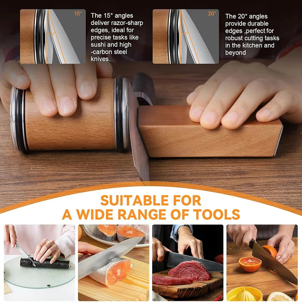 A double-sided diamond knife sharpening roller is shown with various angles and tools for sharpening knives.