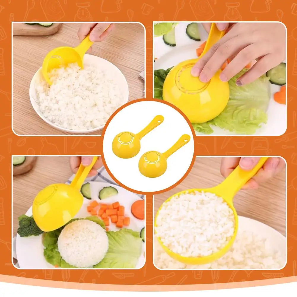 A set of yellow non-stick spoon molds used to shape rice balls and other foods.