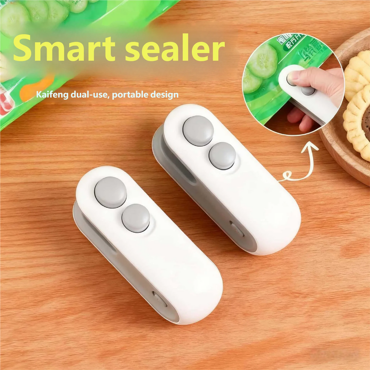 A white handheld USB rechargeable heat sealer with two buttons is shown on a wooden surface next to sliced cucumbers.