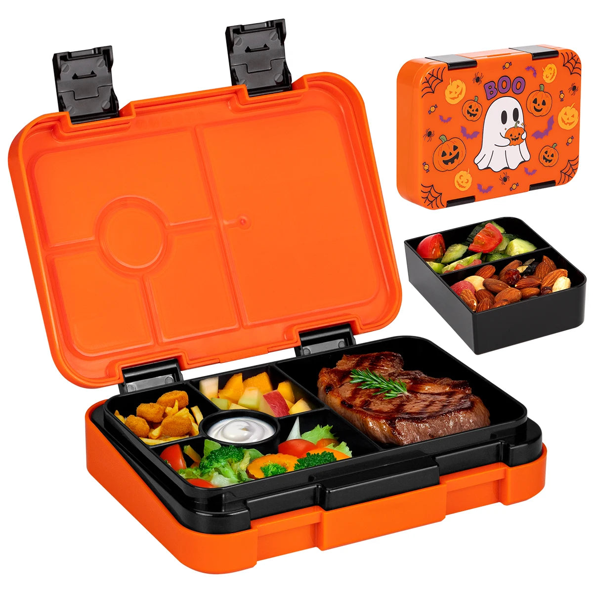 Boîte bento orange pour enfants avec couvercle ouvert, montrant divers compartiments et une boîte à thème d'Halloween.