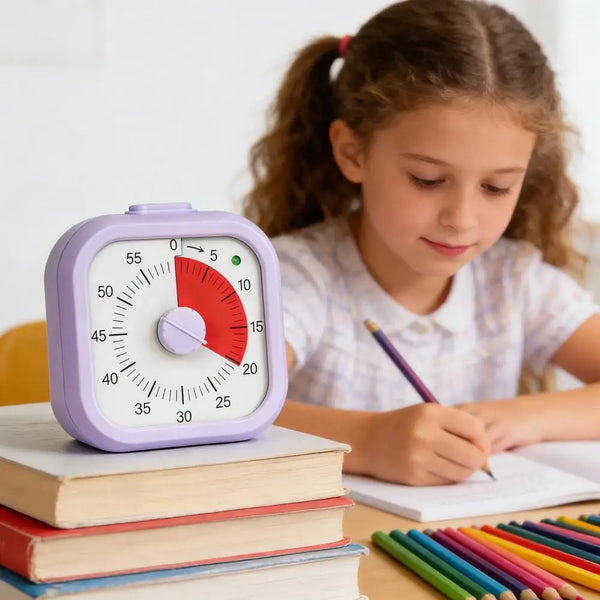 A young girl is using a purple visual timer for kids with a red gauge to track time while studying.