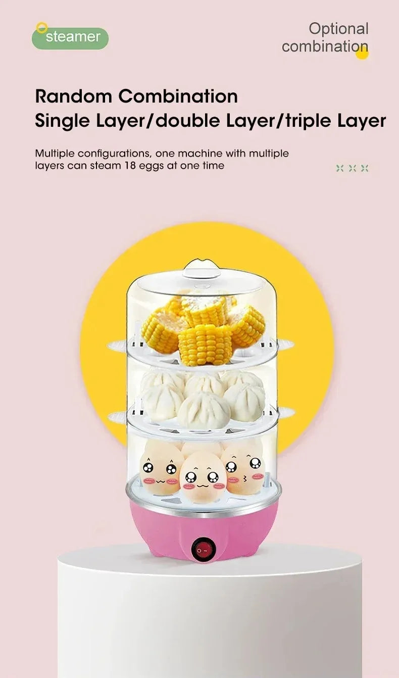 A pink electric steamer device with three layers of egg molds is shown on a white stand.