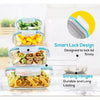 A stack of clear glass lunch containers with silicone lids demonstrating a smart lock design and strong hinges.