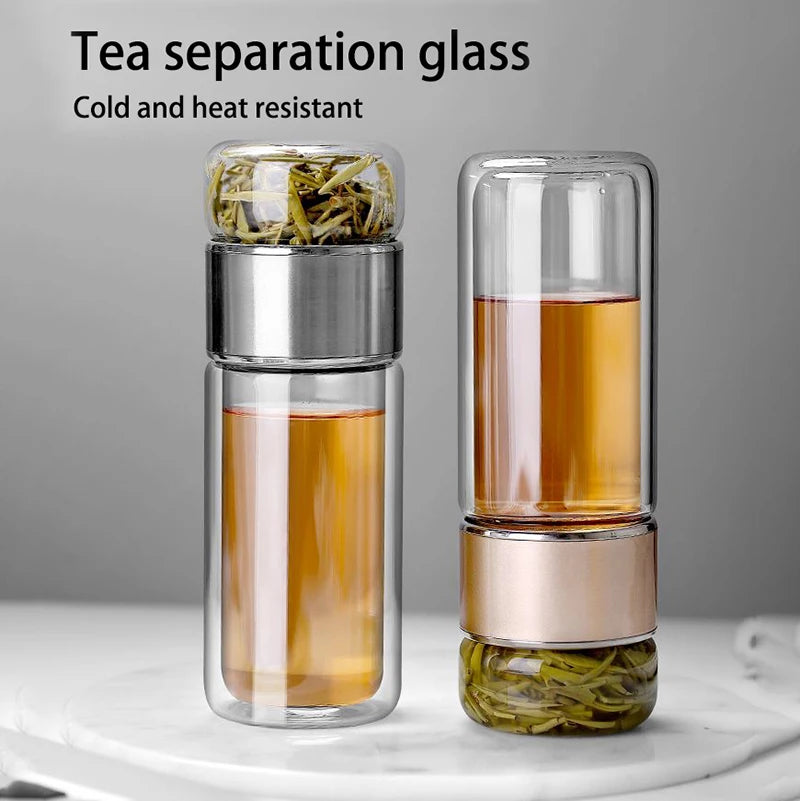 A double-layer borosilicate glass tea separation set showing brewed tea and dried herbs.