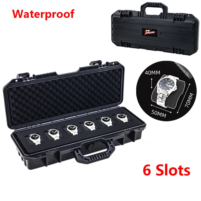 Black waterproof plastic watch storage case with six slots and a carrying handle