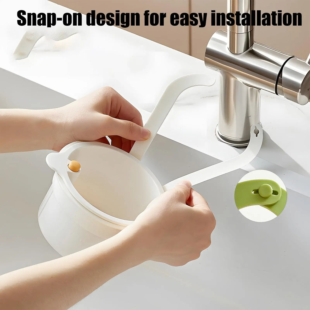 Hands installing a snap-on faucet hanging kitchen strainer basket onto a kitchen sink faucet.