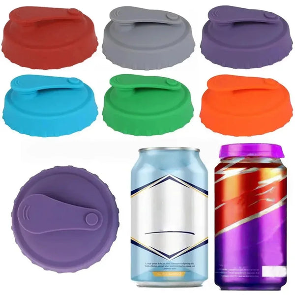 A collection of reusable silicone lids in various colors including red, gray, blue, green, orange, and purple, alongside a si