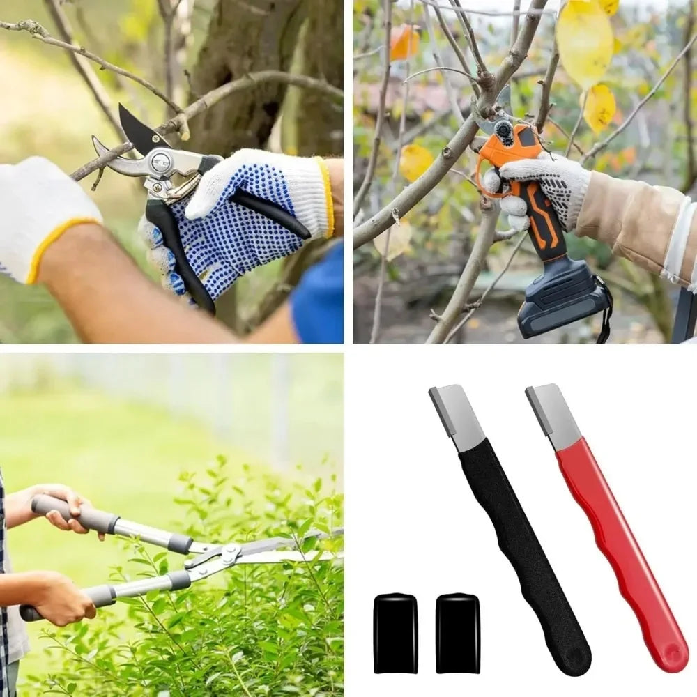 A precision handheld metal knife sharpener is shown with various tools and a red and black sharpening tool.