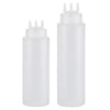A clear plastic squeeze bottle dispenser with a white cap and pump mechanism.