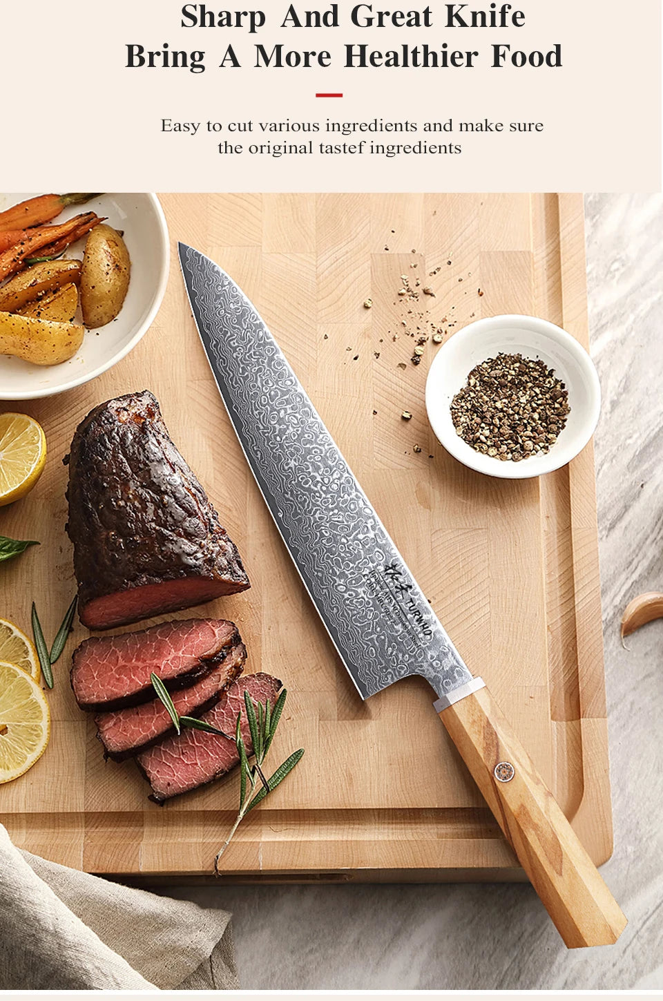 A set of seven Damascus steel Japanese kitchen knives displayed on a wooden cutting board with meat and spices.