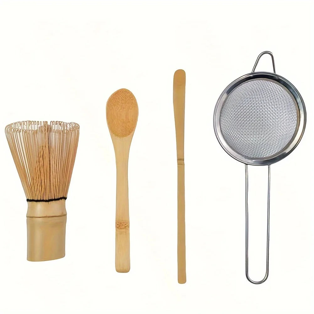 A set of natural bamboo tea tools including a whisk, a spoon, and a strainer.