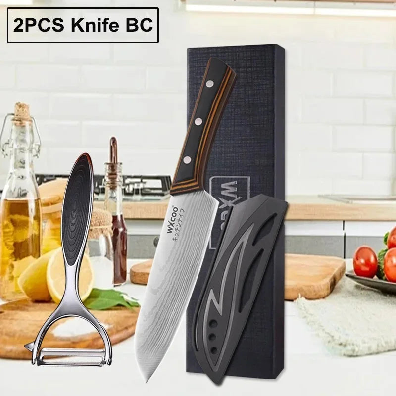 A pair of 2PCS knife blocks featuring a 7-inch Japanese Santoku Chef Knife with a wood handle, displayed on a white kitchen c