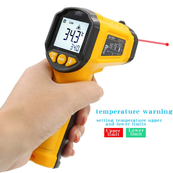 A hand holds an orange infrared thermometer displaying a temperature reading and warning indicators.