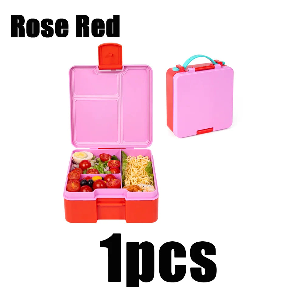 A pink bento box with a lid and compartments, shown next to an open version.